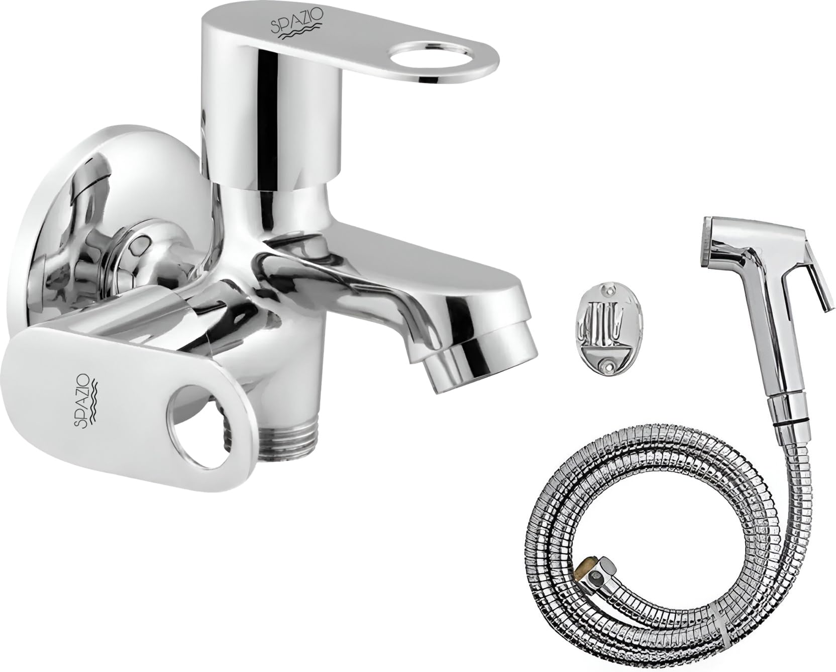 Spazio ORNAMIX Series Brass 2 Way Bib Cock | 2 in 1 Tap(Set of 1) & Jaguar Health Faucet Set(SS 1.5m Tube)For Bathroom Chrome Finish Silver Plated Twin Elbow Valve Faucet(Wall Mount Installation Type)-image-38