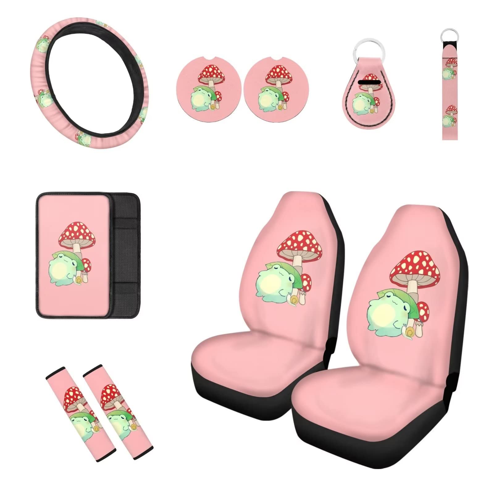 Dolyues Set di 10 coperture per sedile a forma di rana, con lumache a fungo, per cintura di sicurezza, coprivolante, portachiavi, per auto, bracciolo per consolle, portachiavi