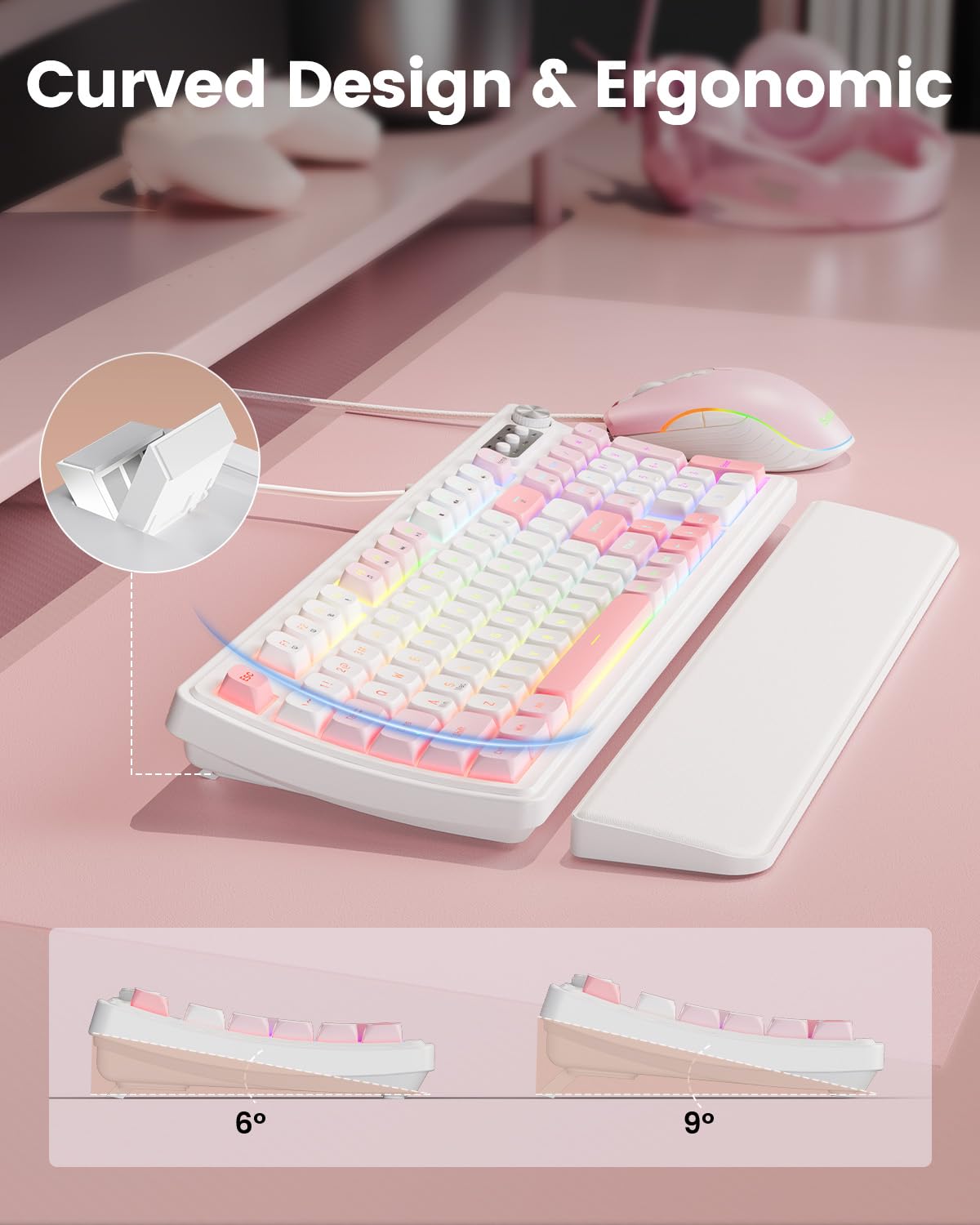 SABLUTE Tastiera e mouse da gioco con cavo, tastiera e mouse meccanici retroilluminati RGB, manopola multimediale e poggiapolsi ergonomico anti-ghosting in pelle premium per gioco (rosa)