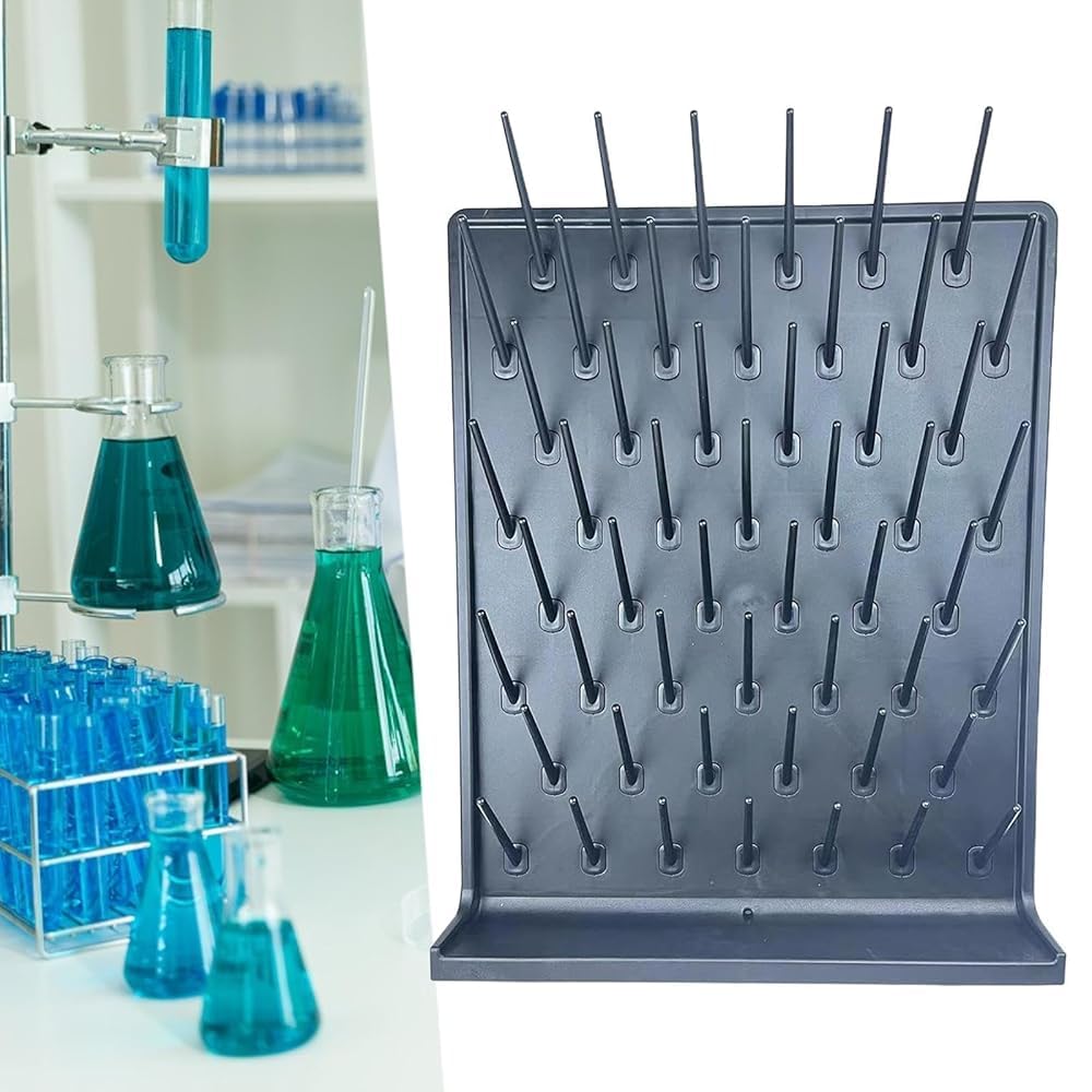 Estante de secado de cristalería, diseño de encimera de montaje en pared para tubos de ensayo y botellas de laboratorio, ideal para secado y organización de cristalería de laboratorio