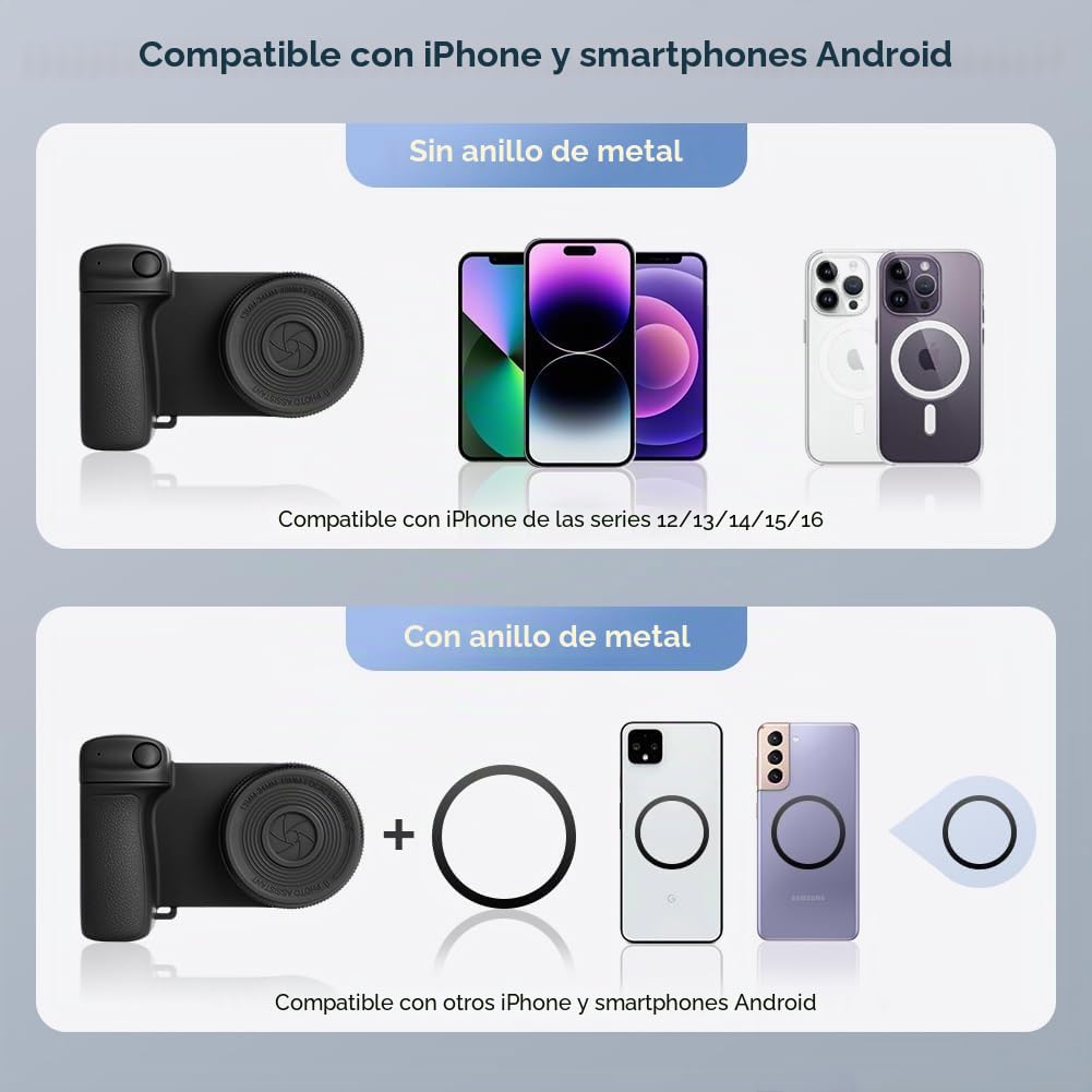 HOTUT Estabilizador de Smartphone Camera Grip, Agarre Magnético para Smartphone con Control Remoto Bluetooth Desmontable, Luz, Espejo, Dos Anillos Metálicos y Trípode para Vlog, Selfie, iPhone 16 15
