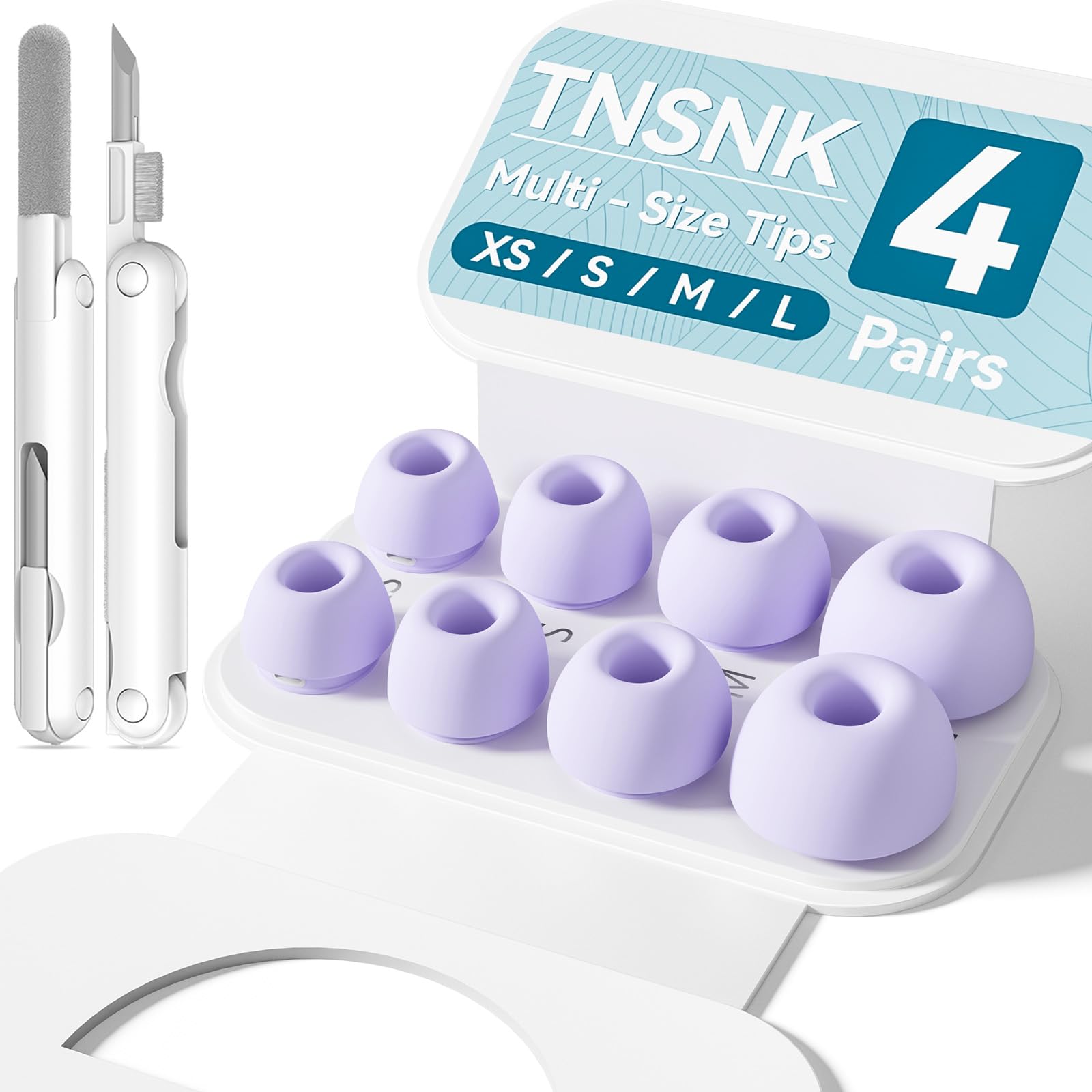 TNSNK 4 Paar Ersatz Ohrstöpsel für Airpods Pro 2nd/1st Gen mit Loch zur Geräuschreduzierung, rutschfest für Airpods Pro 2 Silikontips mit Cleaning Kit & Organisator (Lila - (XS/S/M/L))
