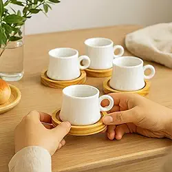 Jogo 4 Xícaras Café Capuccino Chá Leite Pingado Porcelana Premium Branca 4 Pires Madeira 60ml