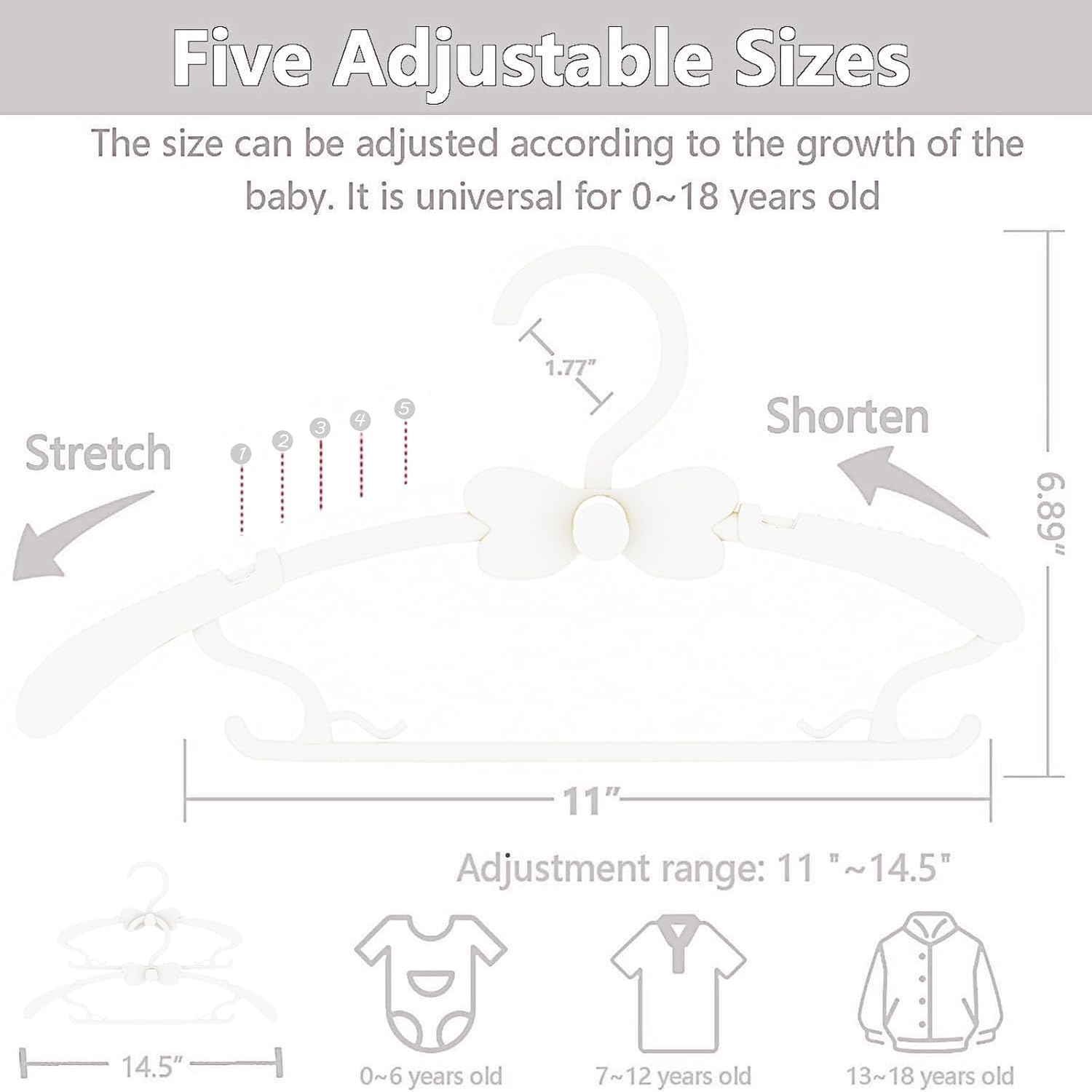 WJWSKI Grucce appendiabiti per bambini, 29 – 37 cm, 20 pezzi, impilabili, con supporto per pantaloni, salvaspazio, in plastica antiscivolo, per bambini (bianco)