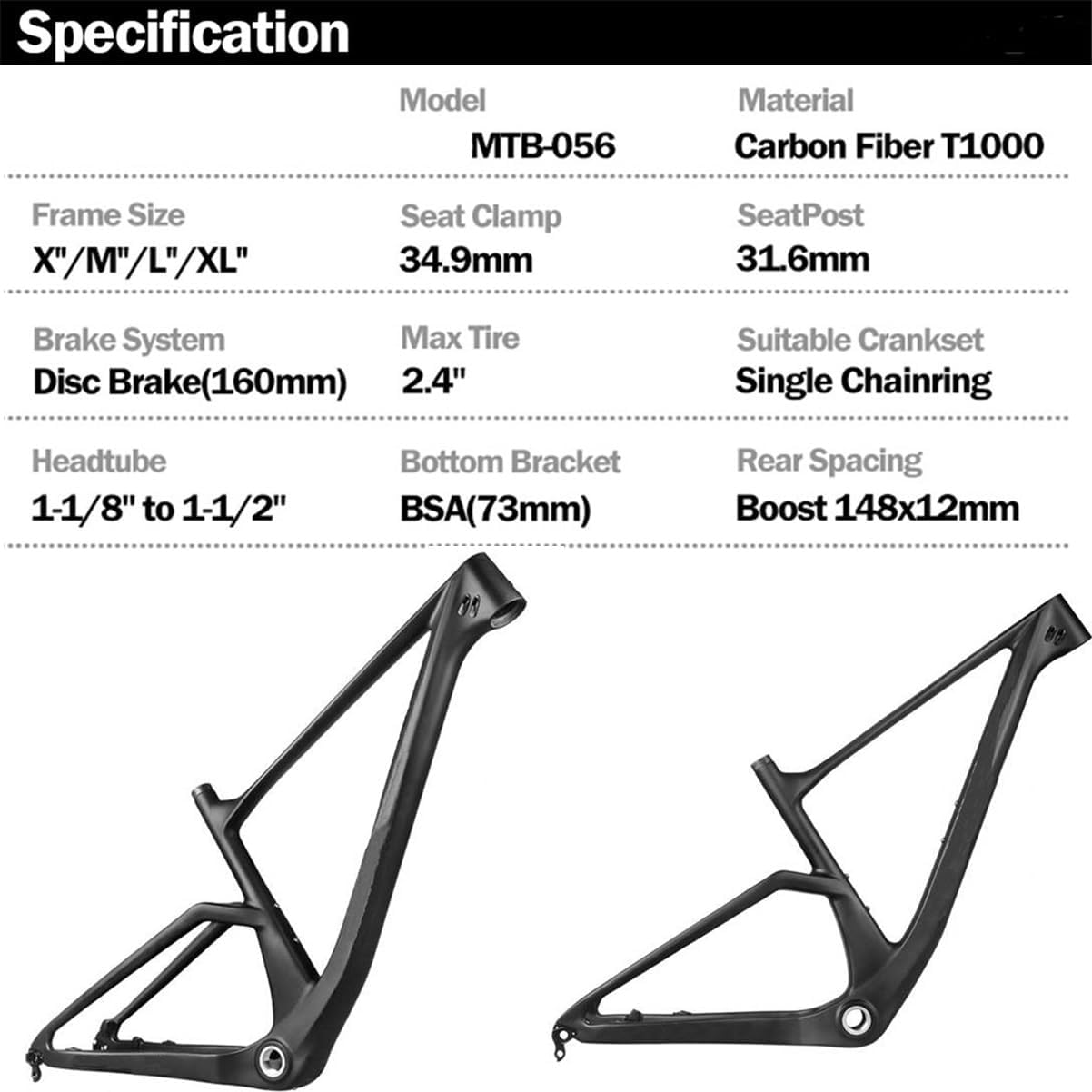 29er Carbon Fiber Hardtail Frame 41.5/44/49/54cm Mountain Bike Frame XC Cyclocross Disc Brake Frame Thru-Axle Boost 12x148mm BSA BB73mm Internal Routing