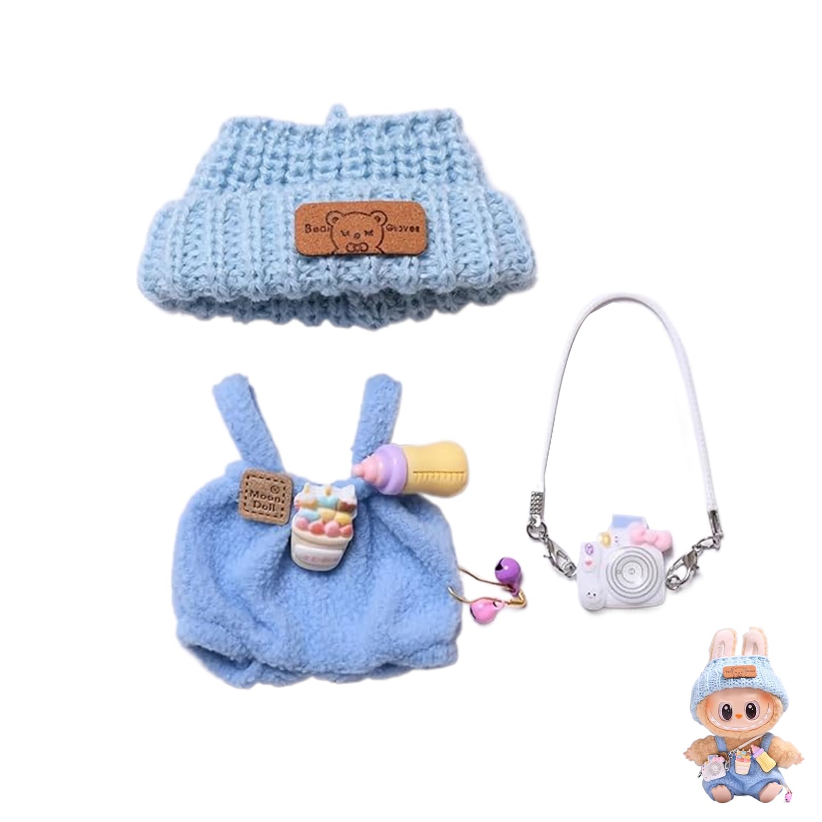 17cm Labubu Clothes Set, Hat & Overalls Set for 17cm Labubu Accessories Suit, Cute Clothes for Labubu Dress up Unique Style (Brown - A)