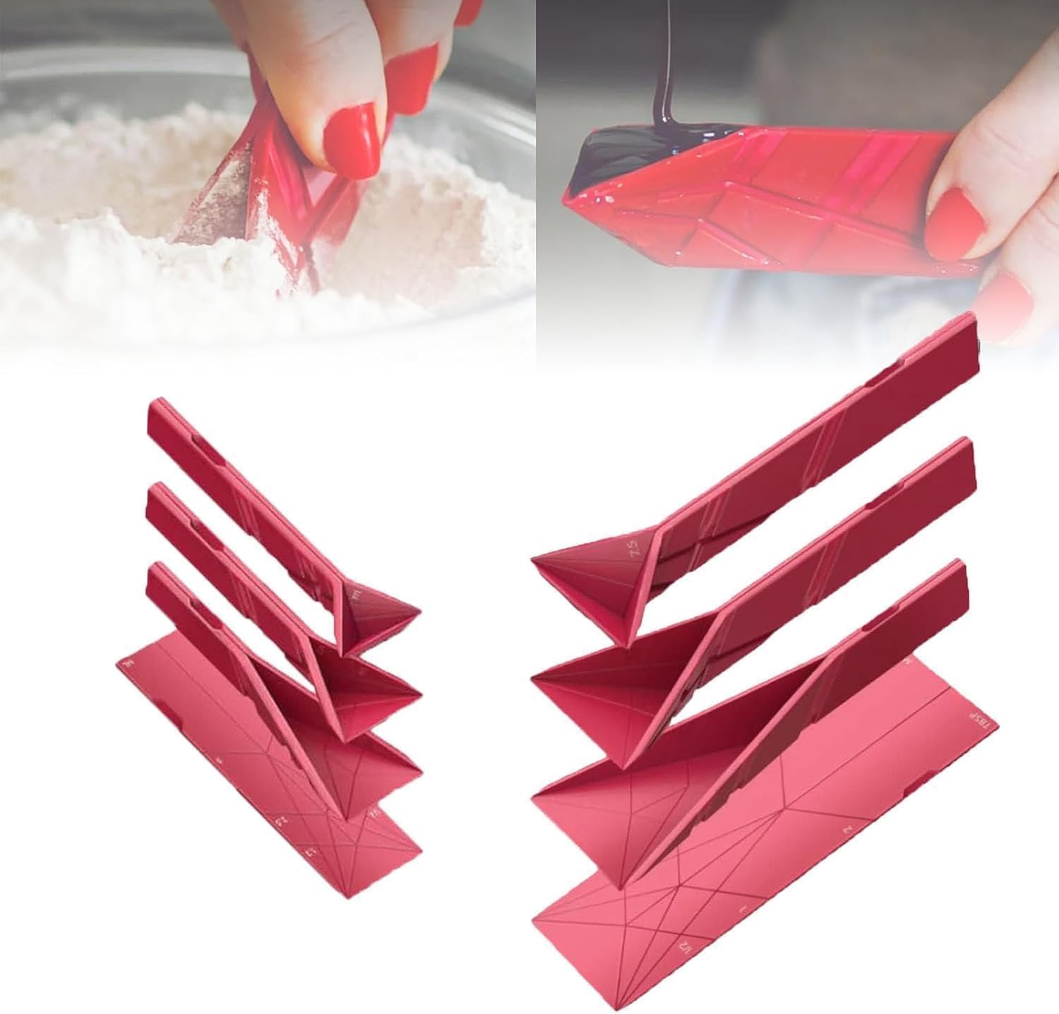 LxcshLjx Lot de 2 cuillères à mesurer plates polygonales 3 en 1, ustensiles de cuisine pliables, 6 tailles différentes, cuillère de mesure magnétique, ingrédients de cuisson