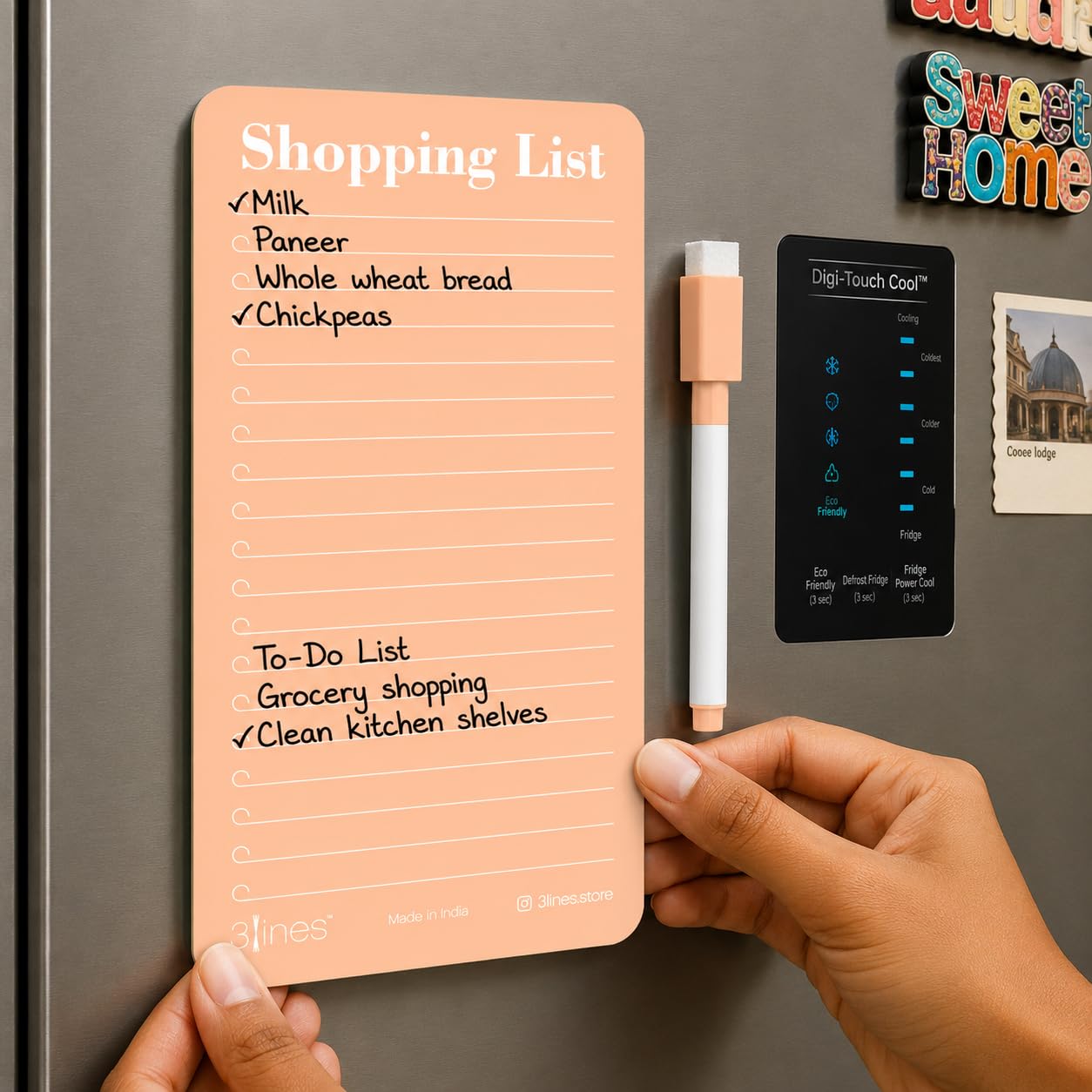 3 Lines Shopping List Fridge Magnet with Marker|Smart Planning & Shopping for Family, Working Professionals|to Do List| Acrylic Magnetic Notepad for Kitchen Organisation|12x24 cms|Peach Color|Large