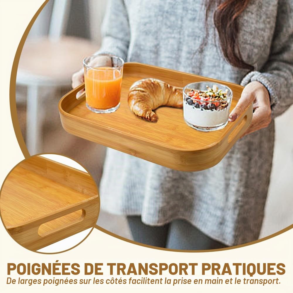 2 Pcs Plateau Bois Rectangulaire, Plateaux Petit-Déjeuner avec Poignées, Plateau Service avec Rebord Surélevé, Plateaux Traiteur Bambou 2 Tailles, pour Cuisine Restaurant Boisson Snack