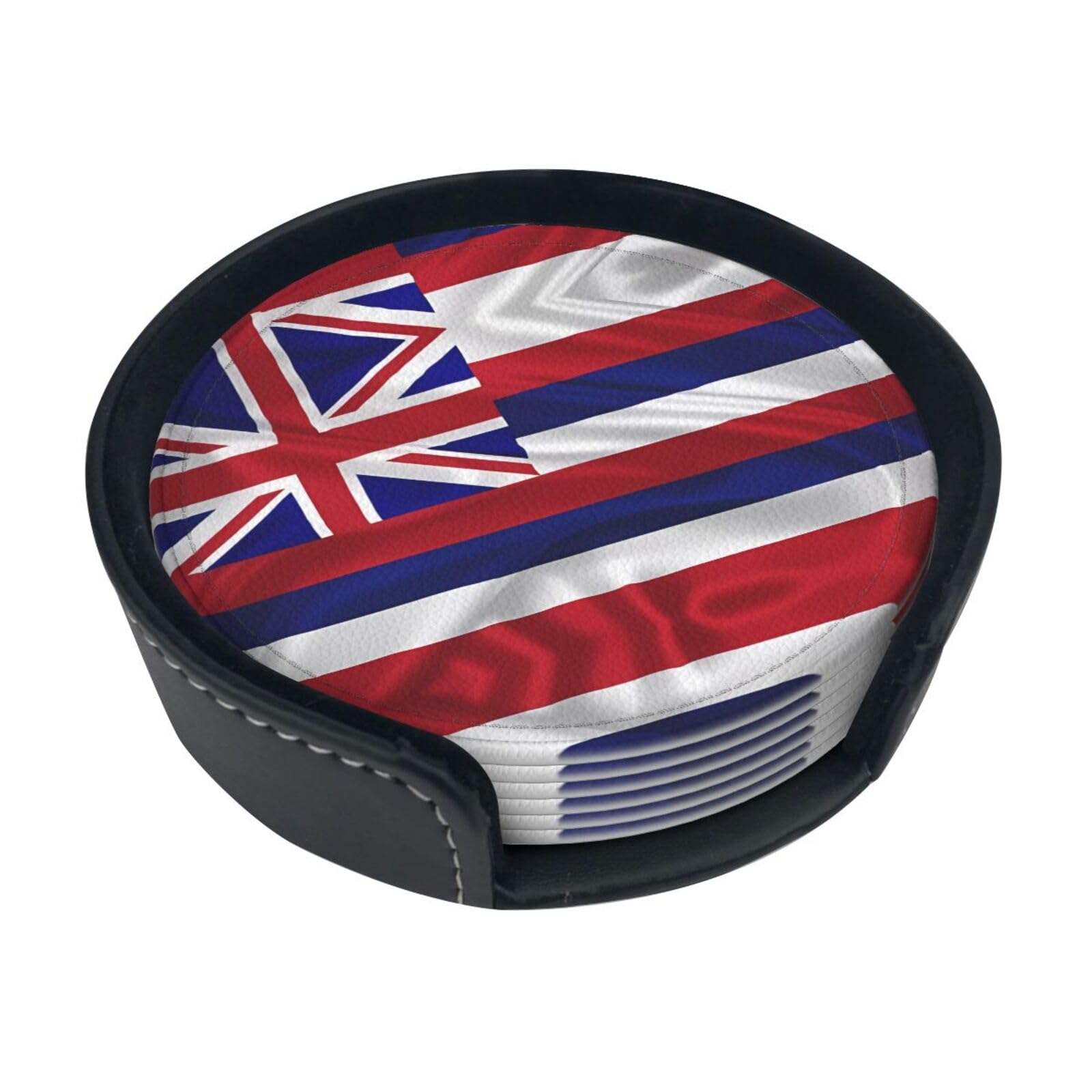 Flag of Hawaii American Printed Coaster Set, with Holders, 6 Pieces. Suitable for Dining Tables, Kitchen Decor, and Coffee Tables.
