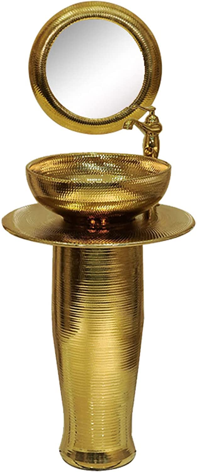 WDSOPK Freestanding Pedestal Sink Hotel Art Basin, Ornate Bathroom Gold Decorative Heavy Duty Porcelain Sink, for Indoor and Outdoor (With Mirror)