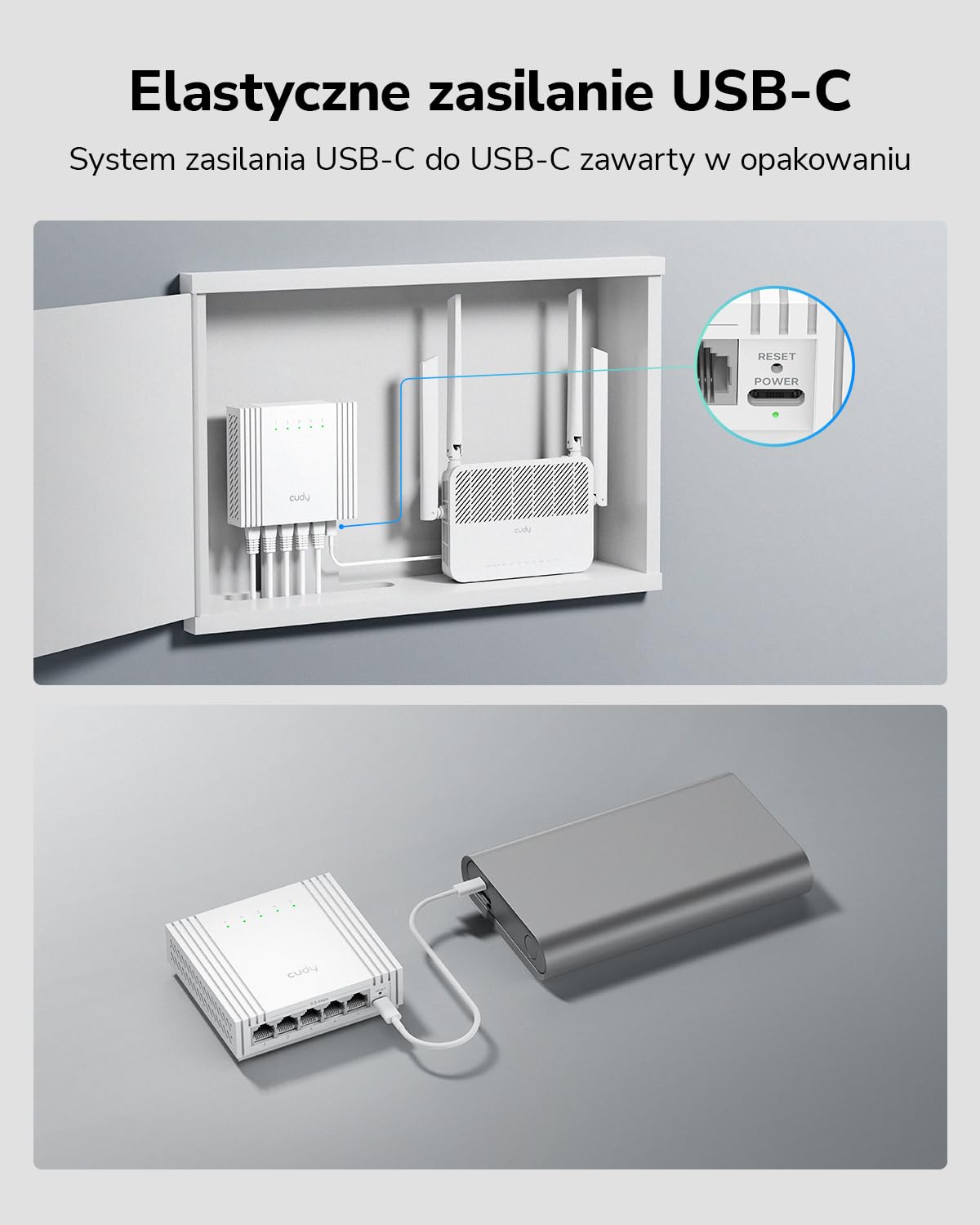 Cudy 5‑Portowy Switch Ethernet 2,5G Easy‑Managed USB‑C HS105U | Web control, VLAN, QoS, loop prevention, Cat5e, Silent, NAS, Gaming, biuro, desktop setups, montaż ścienny