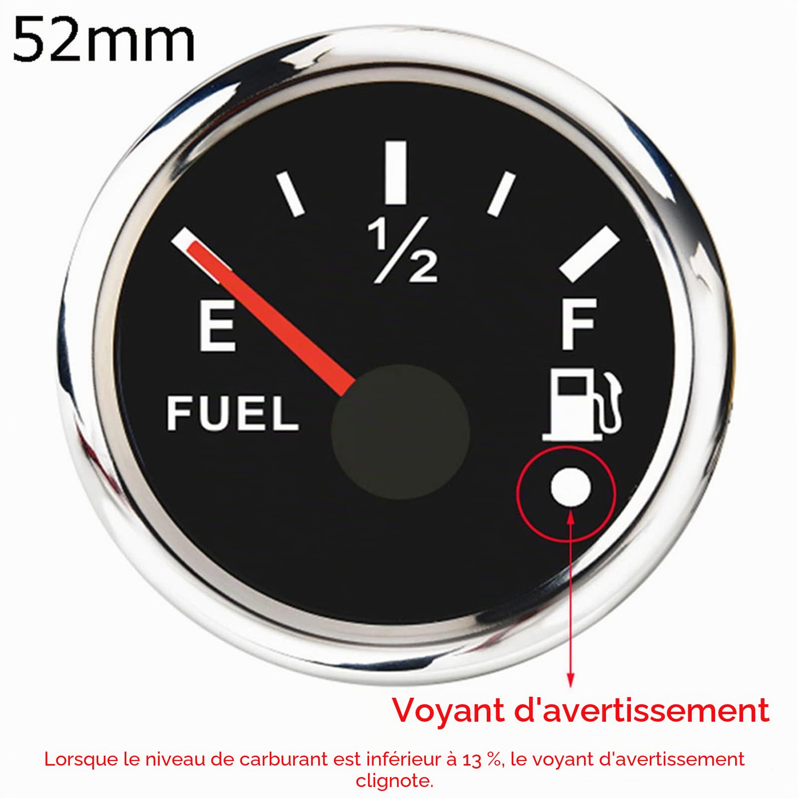 Geloo Jauge de Niveau de Carburant, 52 mm Indicateur de Niveau de Carburant Numérique étanche 0-190 ohm avec Alarme Lumineuse pour Voiture Bateau Yacht Camion