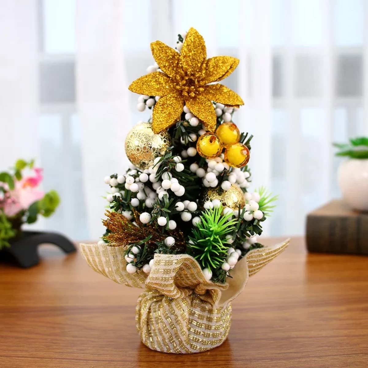 Mini Tabletop Christmas Tree Small DIY Xmas Artificial Tree with Ornaments Christmas Tabletop Desktop Decorations for Home Party Supplies Office Shopping Bar (20cm (7.8in) (Gold 20CM)
