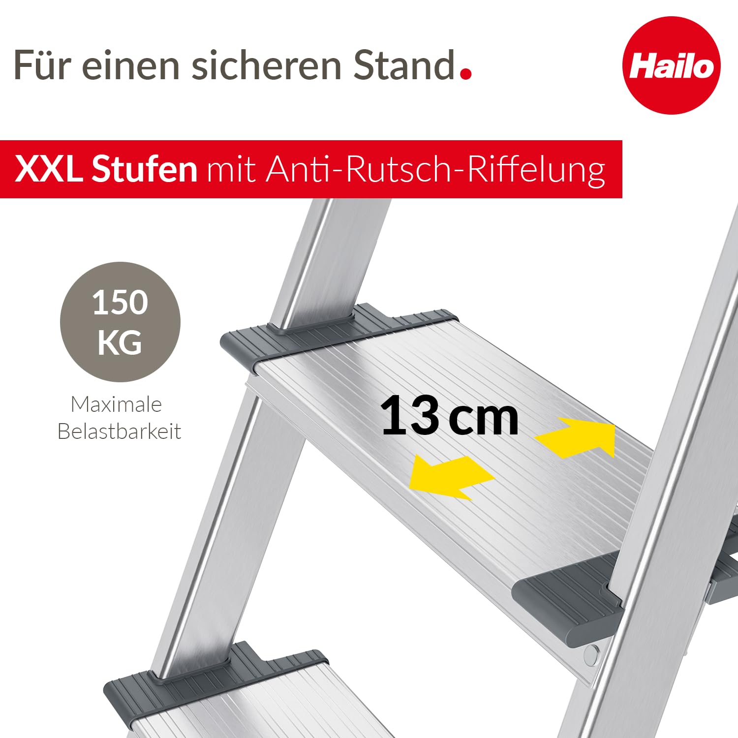 Hailo L84 ComfortLine Alu-Stehleiter mit 3 XXL-Stufen bis 150 kg, Silber | Sicherheits-Stehleiter, Made in Germany, rostfrei, tiefe Standfläche, Haltegriff und Ablage