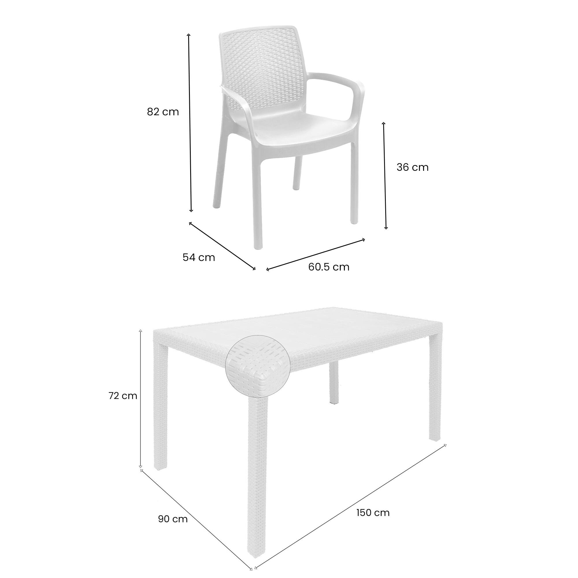Dmora Set Salotto da Esterno Tarquinia, Salottino Outdoor e Indoor, Tavolo Rettangolare con 4 Sedie Impilabili, Bianco