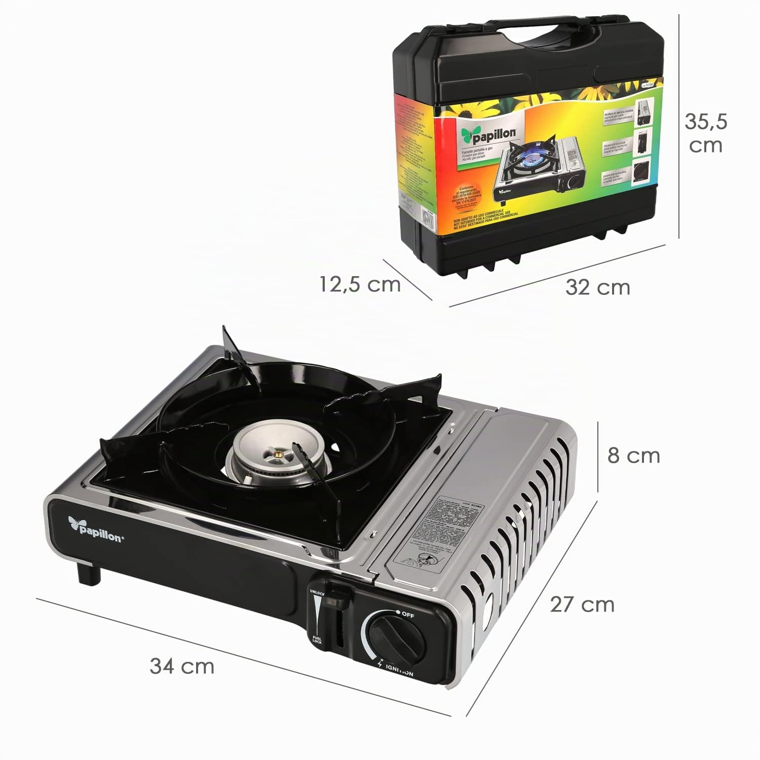 PAPILLON Cocina Gas Inoxidable A Cartucho con Maletin, Cocina Portatil, Cartuchos Gas 230 Gramos. Encendido Piezoelectrico, 8140125