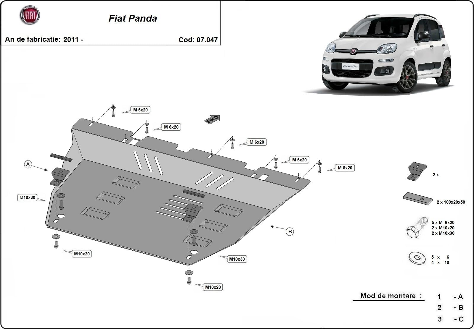 Motor-Unterbodenschutz kompatibel mit Fiat Panda 4 x 4 - (2011-2025)