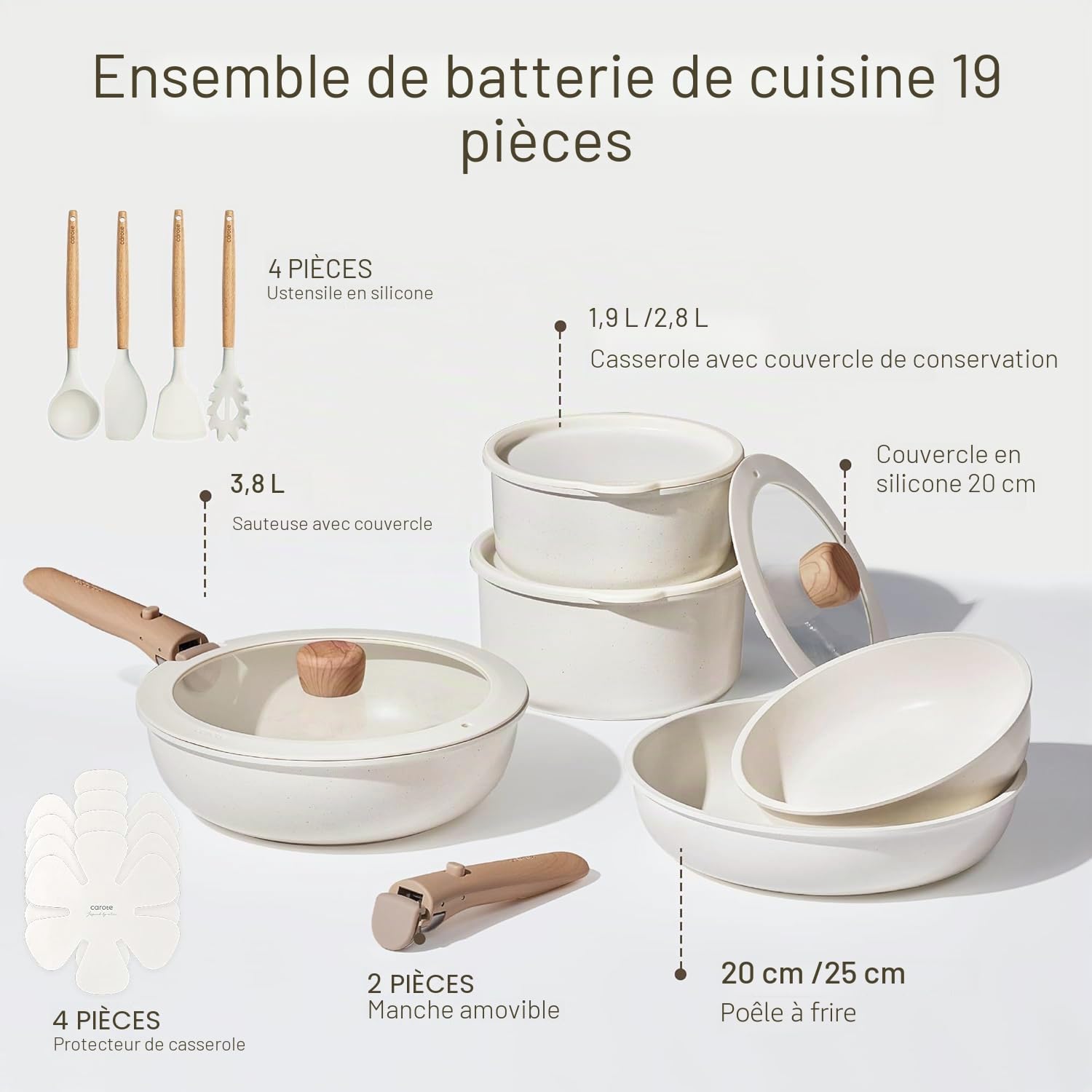 CAROTE Lot de 17 casseroles et poêles antiadhésives, poignée amovible, casseroles et poêles de cuisine à induction, ensemble de cuisine antiadhésif, passe au four/lave-vaisselle/réfrigérateur, gain de