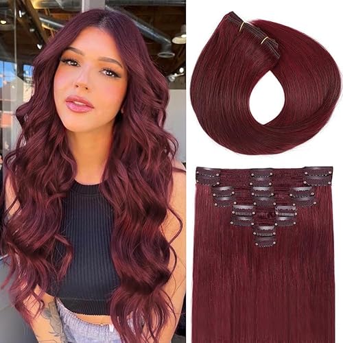Extensiones de cabello humano real con clip para mujer, extensiones de cabello humano Remy #99J, doble trama, cabeza completa, 7 piezas con 16 clips