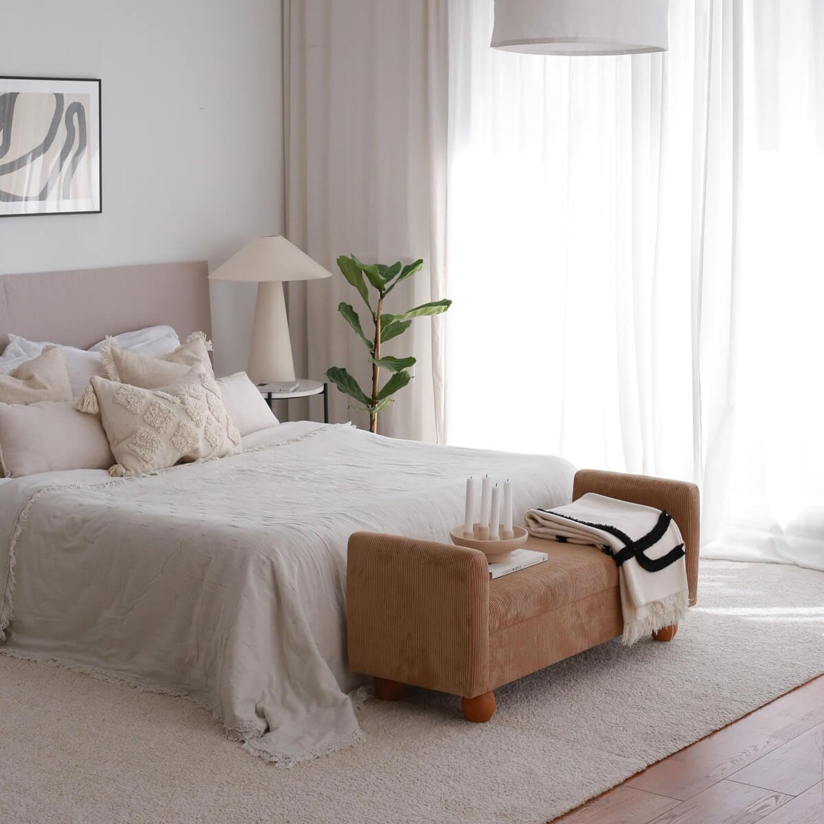 Banquette coffre en tissu côtelé marron | Bout de lit Teddy