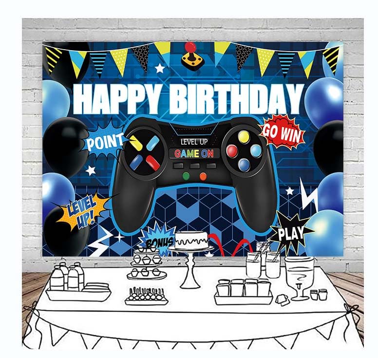 INRUI Video Game Happy Birthday Photography Background Level up Gaming Theme Party Decorations Backdrop (5x3FT)