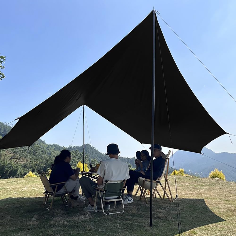 Bâche de Camping 5x5 m avec Mâts Toile de Pluie Imperméable pour Hamac Auvent de Camping Abri Solaire (Noir)
