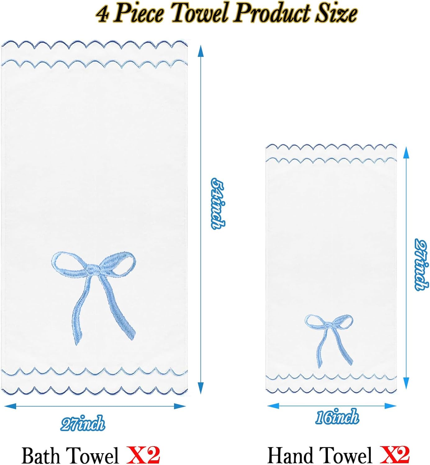 4 Pcs Scalloped Towels for Bathroom 100% Cotton 2 Bath Towels 2 Hand Towels Scallop Bathroom Towels Embroidered Dish Towel Decorative Soft Bath Towel for Kitchen (Bow Blue, 2*Bath+2*Hand towel) - Image 7