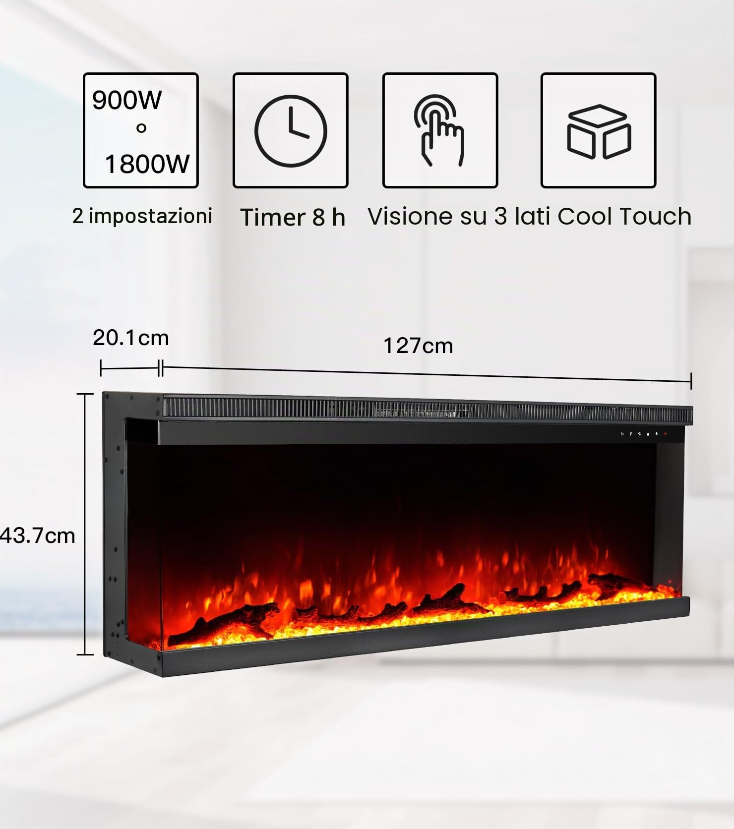 M.C.Haus Camino Elettrico di Lusso a 3 Lati con 3 Modalità di Installazione, Caminetto da Incasso su Parete Multimediale, Effetto Fiamma Elettrica con 9 Colori, 1800W, 127 cm/50", Nero