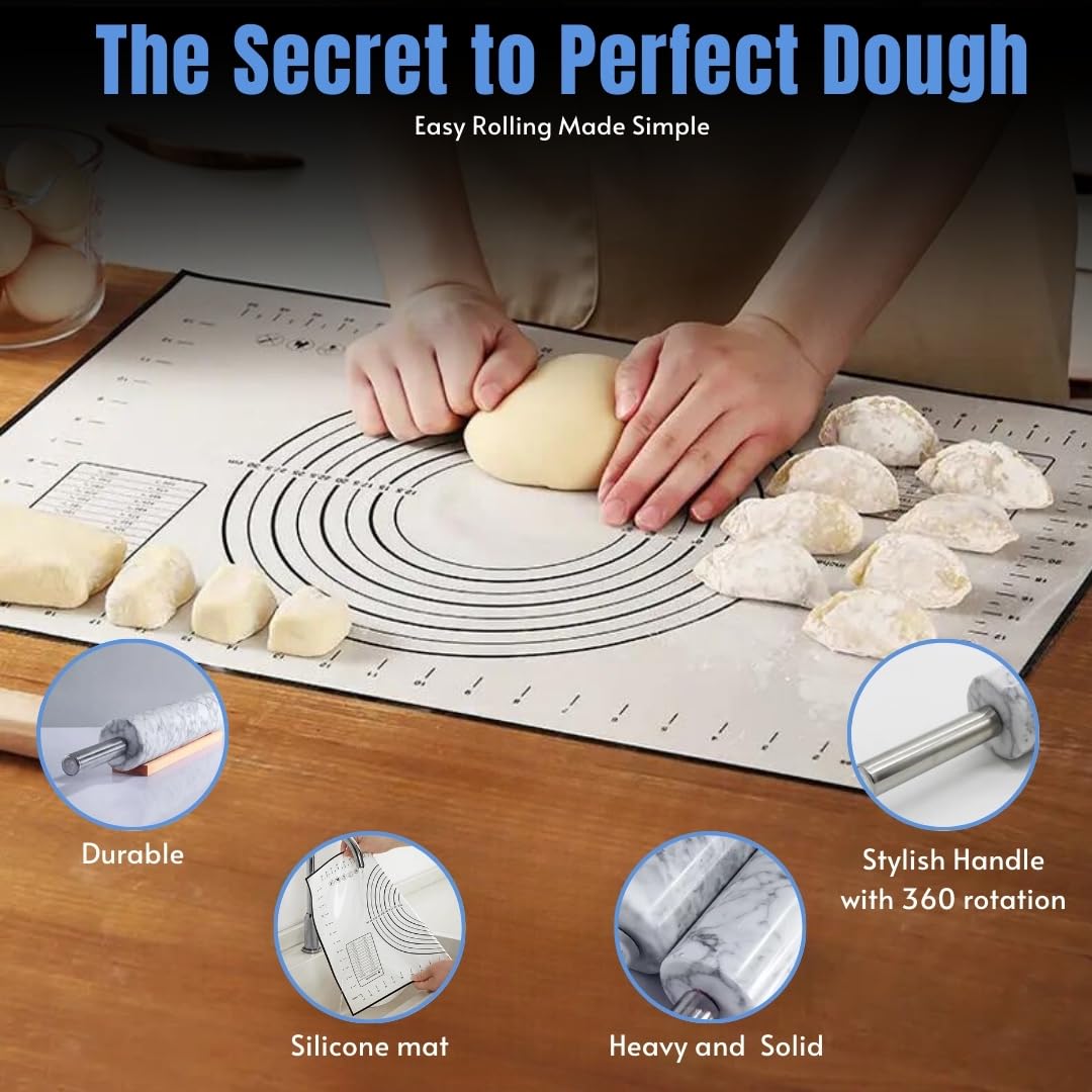 Keyana Rodillo de mármol con asas de acero inoxidable, tapete de silicona, rascador de masa y cuna de madera, regalo ideal para panaderos y entusiastas de la cocina casera