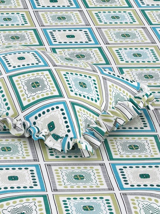 Image of King Size Fitted Bedsheet for Double Bed | 300 TC Cotton Feel Microfiber | All Around Elastic with 2 Frill Pillow Covers | Soft & Durable | (WhiteGeometricFrill, Fitted - Double72x72)