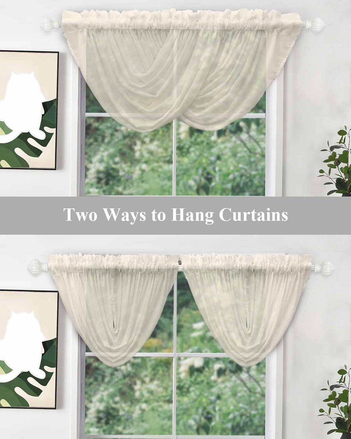Waterfall Valances for Windows Cream Swag Valance Curtains Solid Color Sheer Valance Window Treatment for Living Room Kitchen Bedroom Bathroom Rod Pocket Curtain Drape 3 Panels