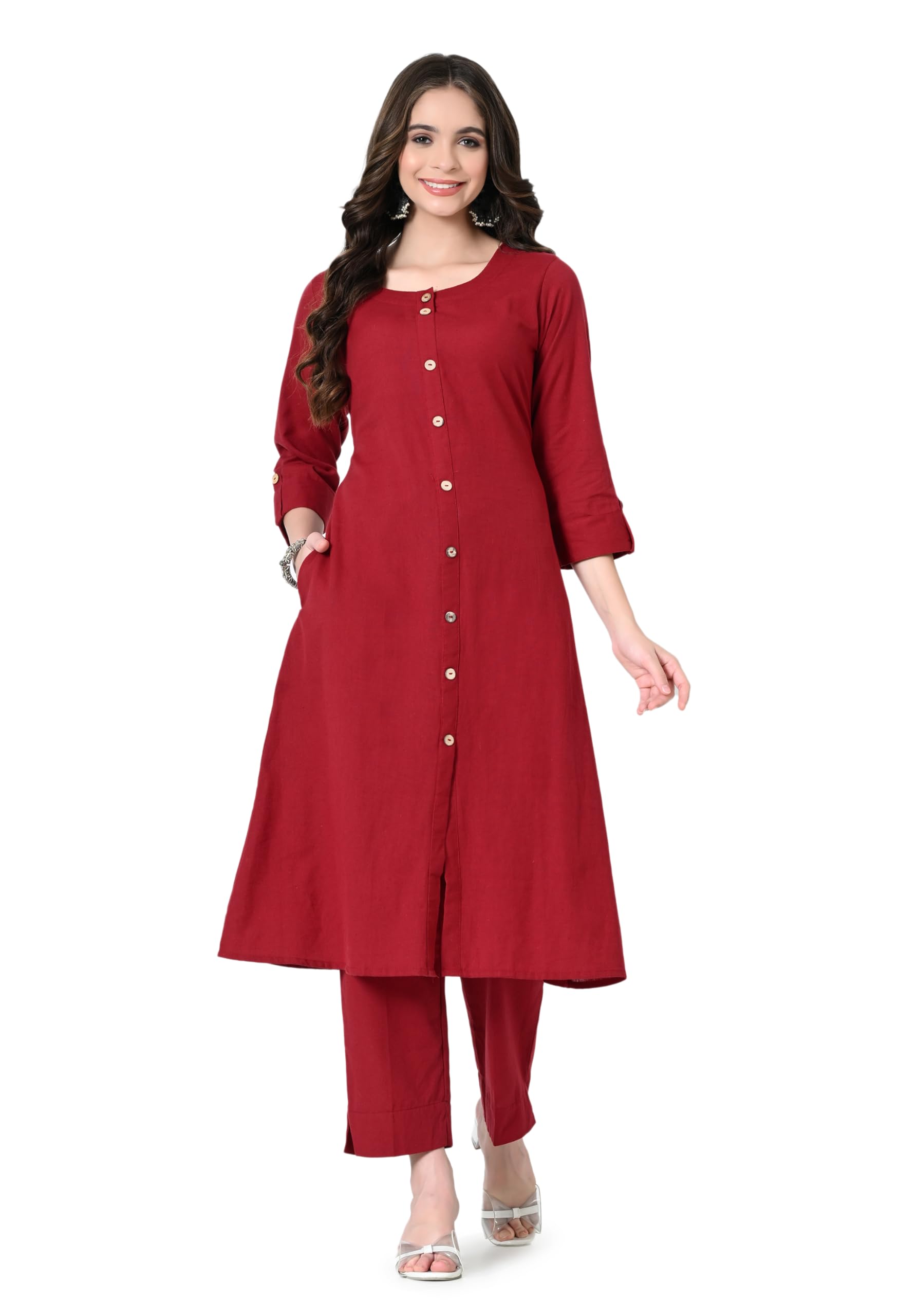 Women's Cotton Flex Solid Blue A line Buttoned Kurta with Pant with 2 Side Pocket (New MKS GP 9)