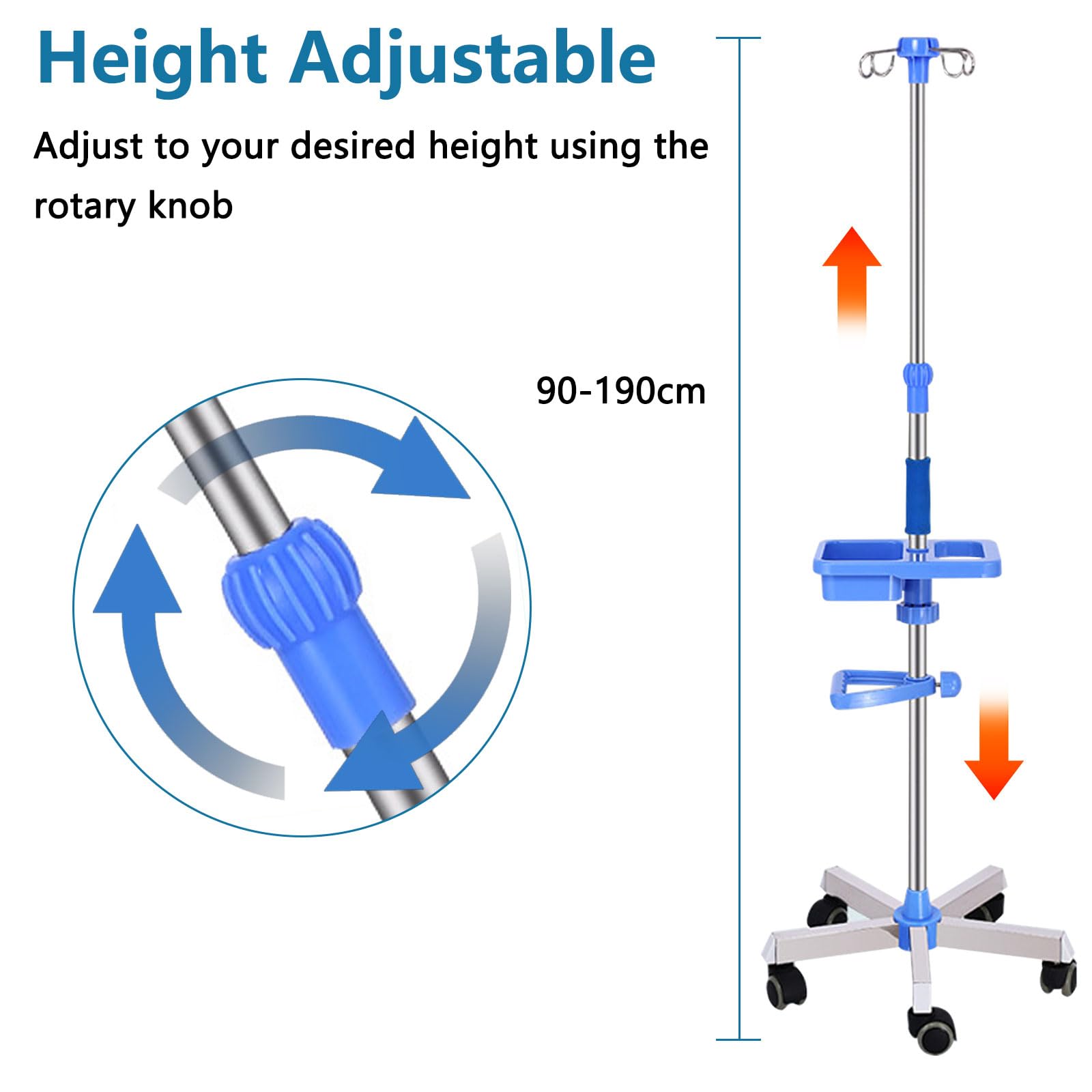 Soporte de infusión con 4 ganchos, soporte IV portátil con 5 ruedas y compartimento de almacenamiento, altura ajustable, cubiertos de acero inoxidable con 4 bolsas IV para hospitales y cuidados en el