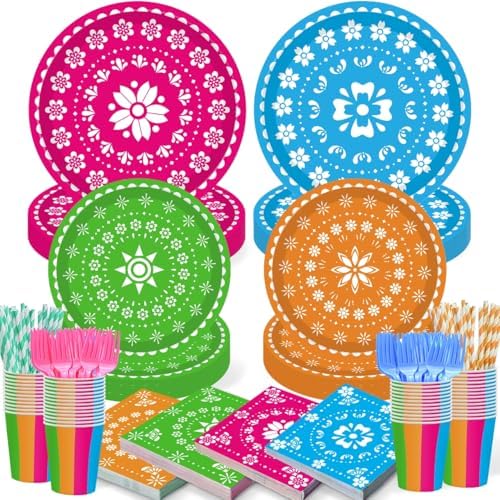 120PCS Mexican Fiesta Plates and Napkins Party Supplies, Cinco De Mayo Party Decorations Tableware Set for Mexico Taco Carnival Colorful Carnival Birthday Pinata Platters Dance Party Serves 20