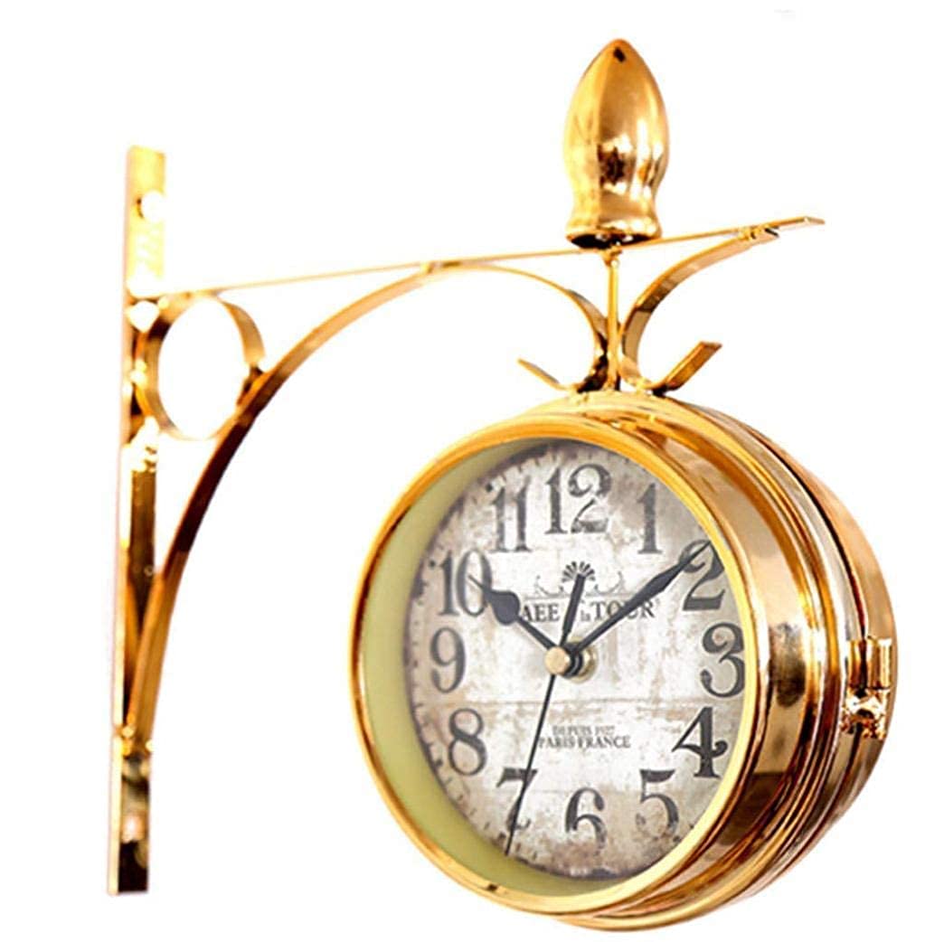 Horloge Murale de Jardin Double Face Rétro Intérieure Extérieure Solide en Métal