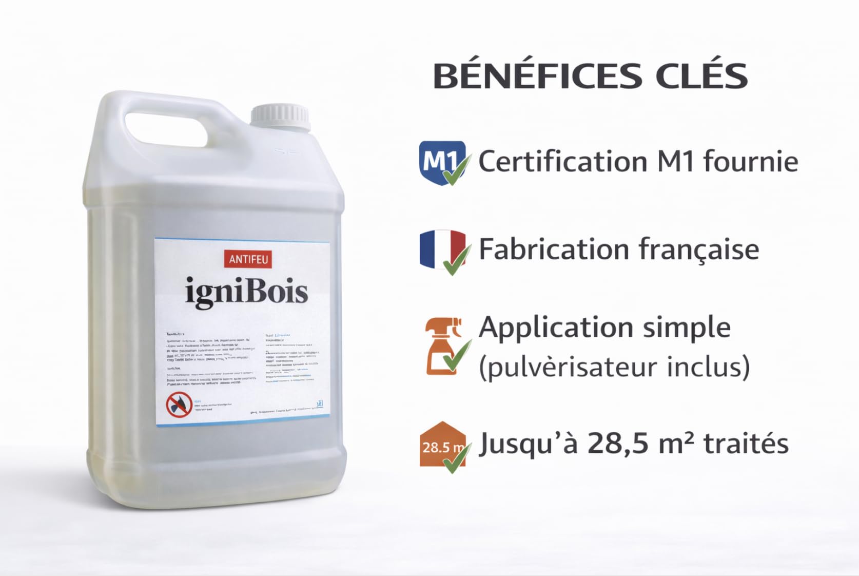 Bidon Ignifuge Bois M1 – Traitement Anti-feu Bois 5 L avec pulvérisateur – Protège Jusqu’à 28,5 m² – Fabrication française - Antifeu Discount