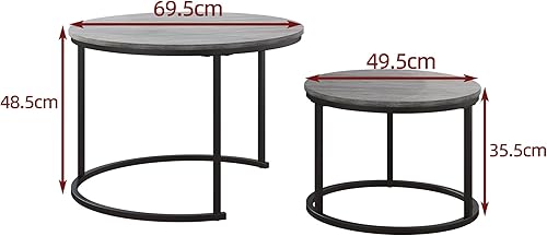 Miniatura 2 de Juego de 2 mesas auxiliares redondas anidables para sala de estar, mesa auxiliar gris con marco de metal, mesas auxiliares apilables, negro y gris