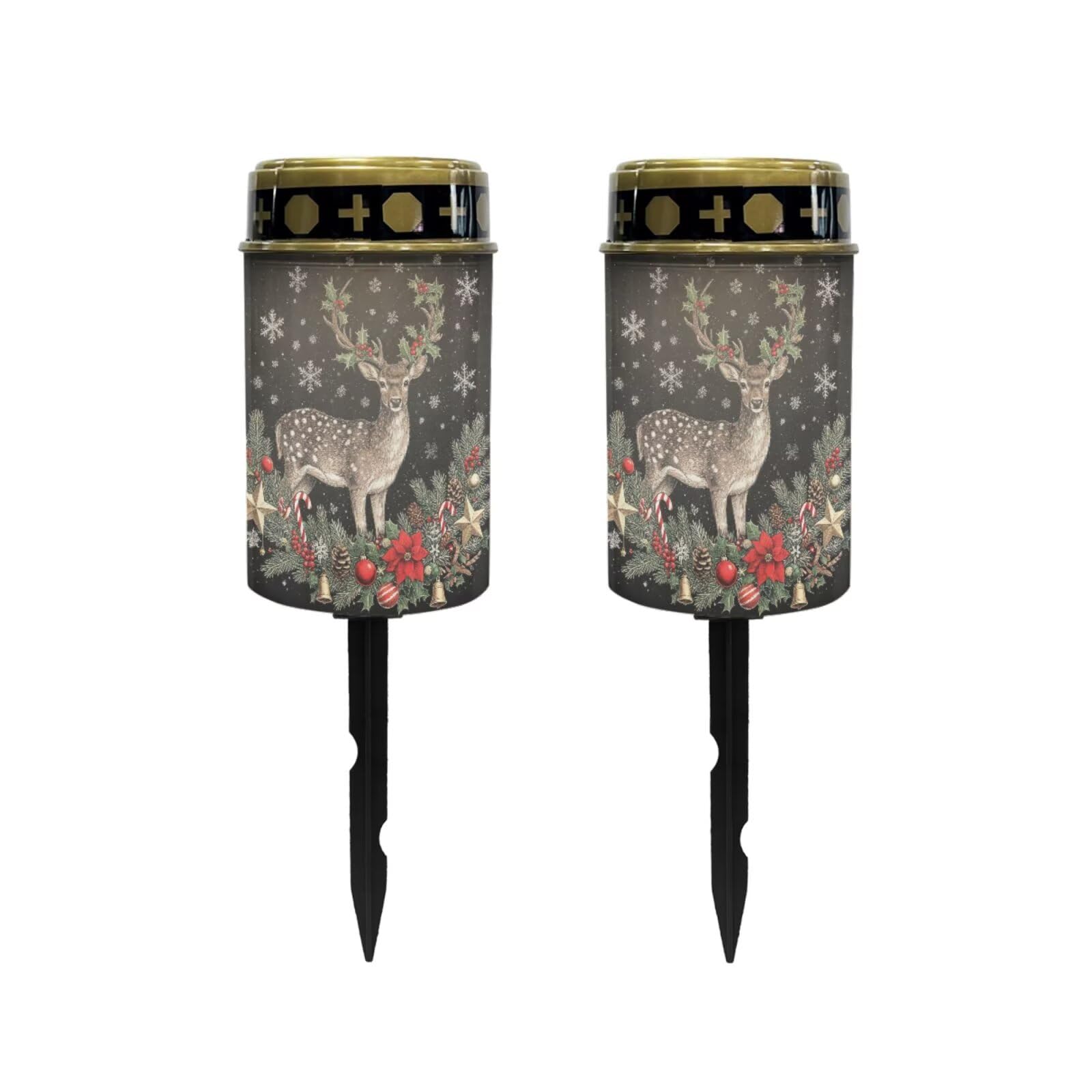 Poceacles Christmas Decor Solar Powered Flameless Candle Cemetery Votive Candles Holiday Outdoor Memorial Solar Stake Lights, Deer Christmas Poinsettia, Pack of 2