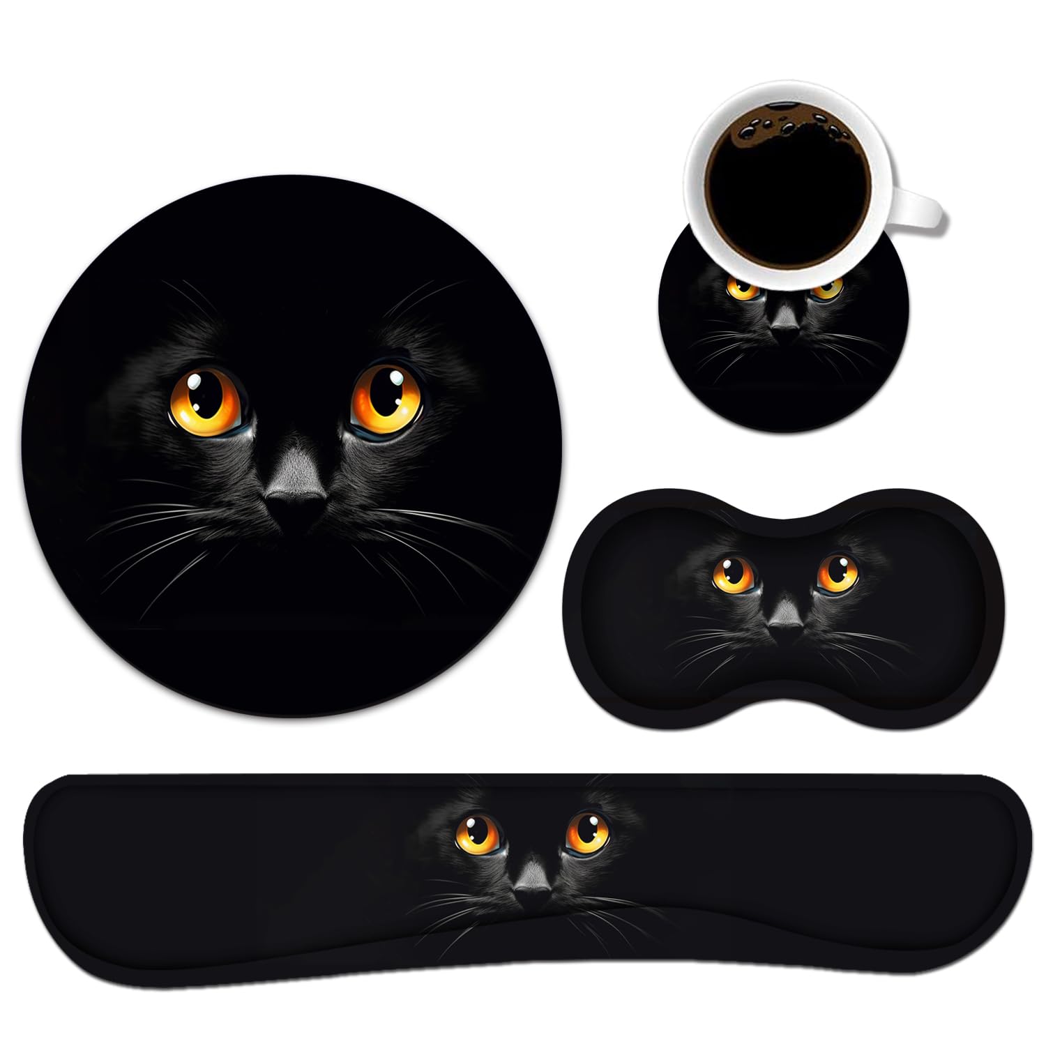 Keyboard Wrist Rest and Mouse Pad Wrist Support Set with Coasters [4Pcs], Memory Foam Wrist Support Non-Slip Base for Home & Office Easy Typing & Pain Relief, Black Cat Face