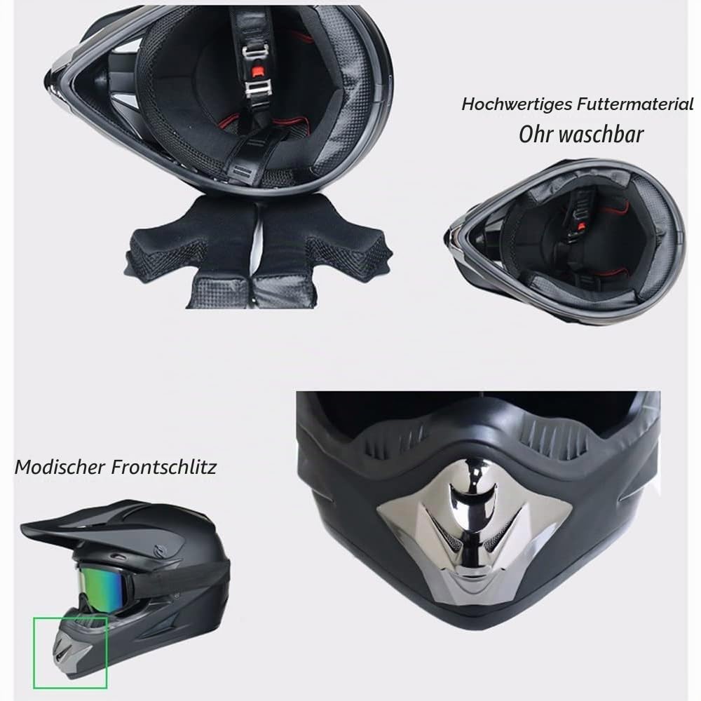 Motorradhelm Cross Damen Herren Full Face MTB Helm Motocross Helm DOT/ECE-Zertifizierter Mit Schutzbrillen Maske Handschuhe Downhill Helm Mopedhelm Schutzhelm Für Cruiser Chopper,Black/A-M