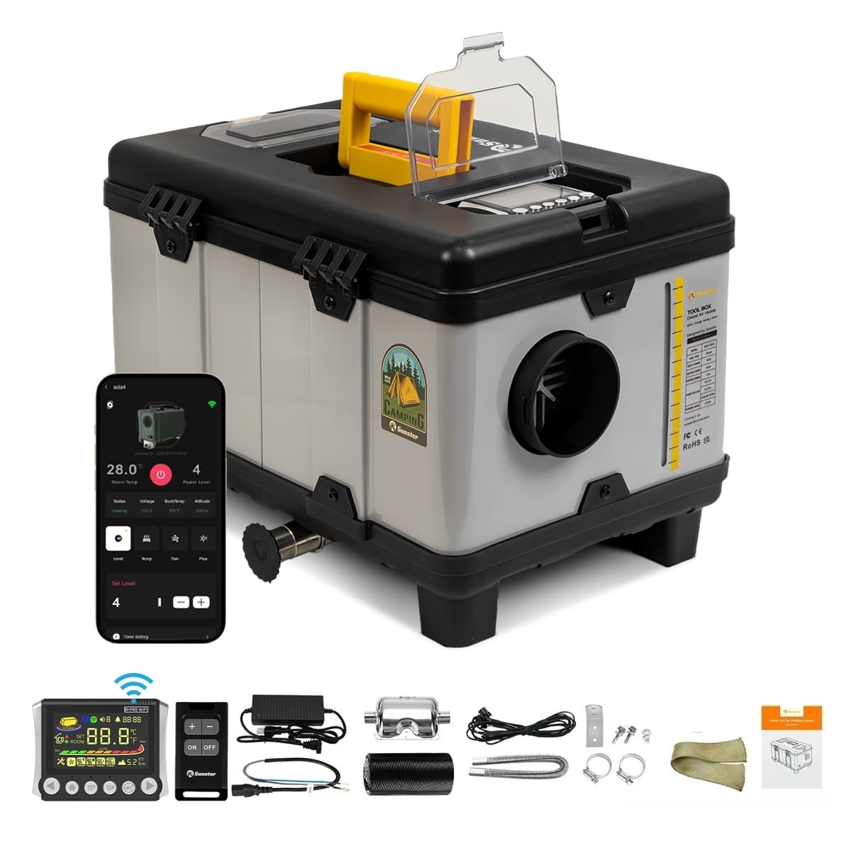 Sunster TB10 8kW WLAN Smart App Luft Dieselheizung, 12V/24V DC & 240V AC Diesel Standheizung mit AC Adapter, 0,12-0,45 L/h Auto Start&Stop, Dieselheizung für LKW, Transporter, Wohnmobil,Camping