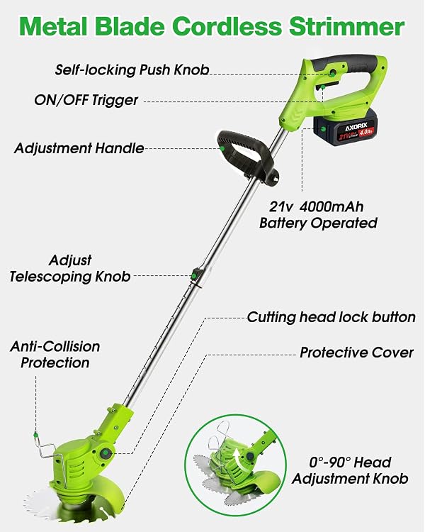 Electric Weed Wacker Cordless, with 2Pcs 4000mAh Batteries, 21V Cordless Brush Cutter, Lightweight Weed Cordless Eater Battery Powered, Stringless Grass Trimmer, 3 Types Blades (Green) by AXORIX - Image 2