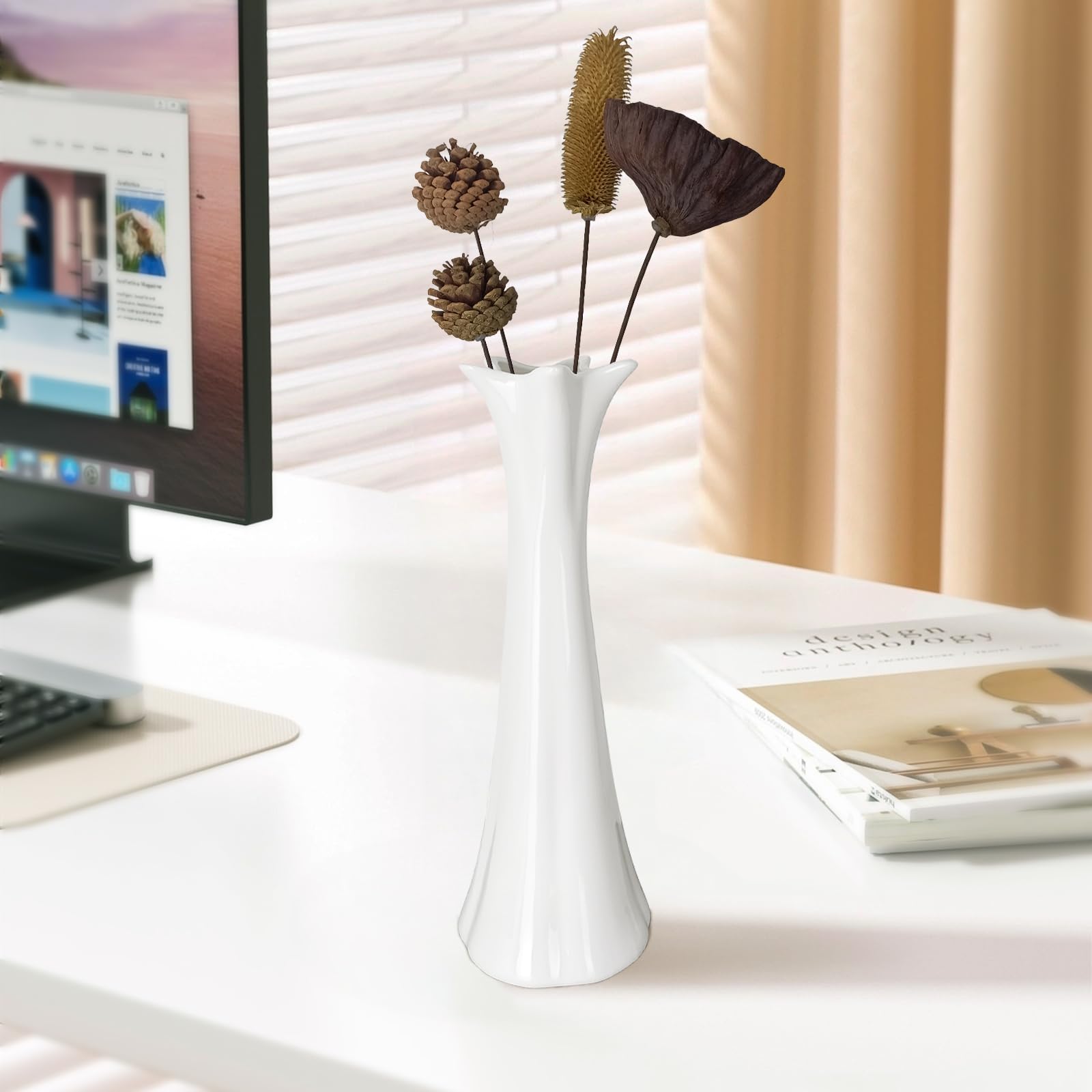 DJYY Modern White Ceramic Vase, 12 Inch Tall Elegant Textured Flower Vase for Pampas Grass Decorative Home Decor for Table Living Room - Image 2