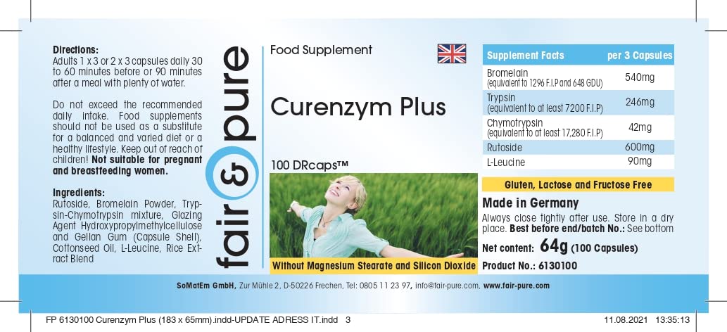 Fair & Pure® - Curenzym Plus 100 con bromelina, tripsina, quimotripsina y rutósido - Enzimas digestivas - 100 Cápsulas