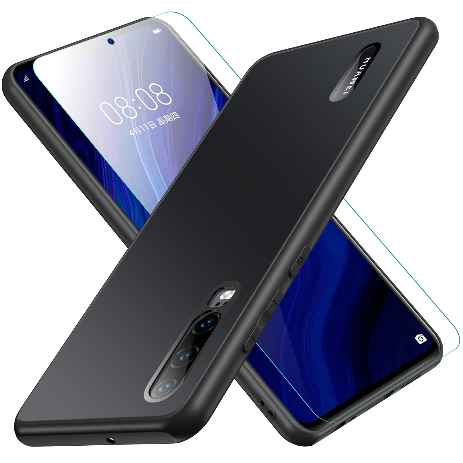 Compatible with Huawei P30 Case, Jonwelsy Luxury Soft Liquid Silicone Shockproof Protection Phone Case + Frosted Tempered Glass Back Cover for Huawei P30 (6.1 inch) (Black)