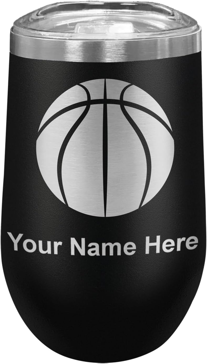 LaserGram 16oz Double Wall Stainless Steel Wine Glass Tumbler, Basketball Ball, Personalized Engraving Included (Black)
