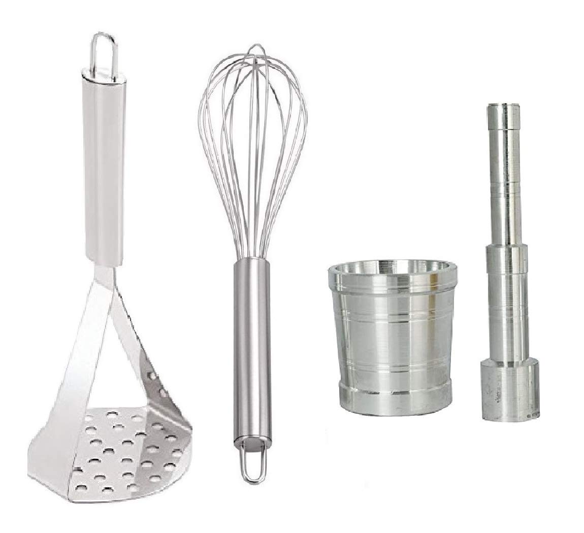First Front Stainless Steel Kitchen Combo Set of Potato Vegetables Pav Bhaji Masher, Egg Beater Whisk & Aluinium Mini 0 Size Khal Batta