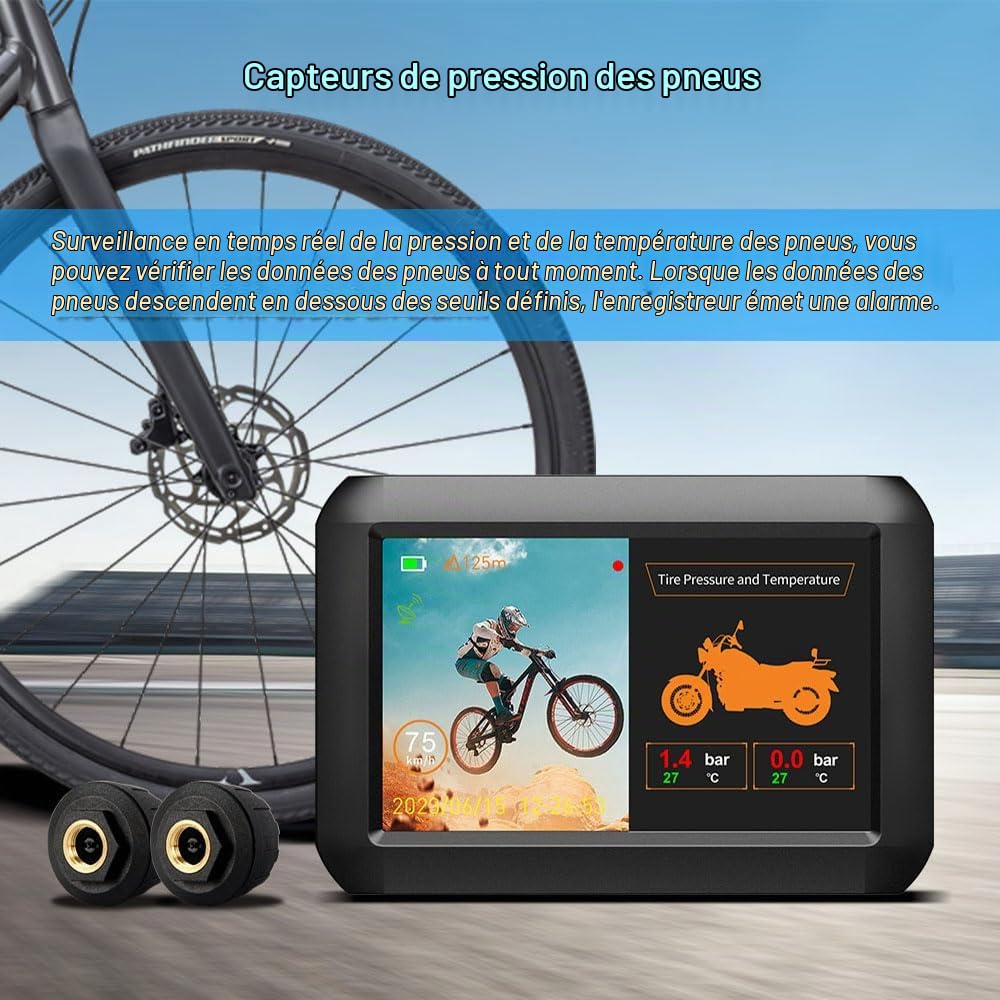 VSYSTO Caméra de recul pour vélo, rétroviseur de Guidon pour vélo, écran 4'' WiFi HD 1080P Caméra Avant et arrière DVR avec TPMS GPS Bluetooth Mode Téléphone Capteur de température (Bike-F3K)