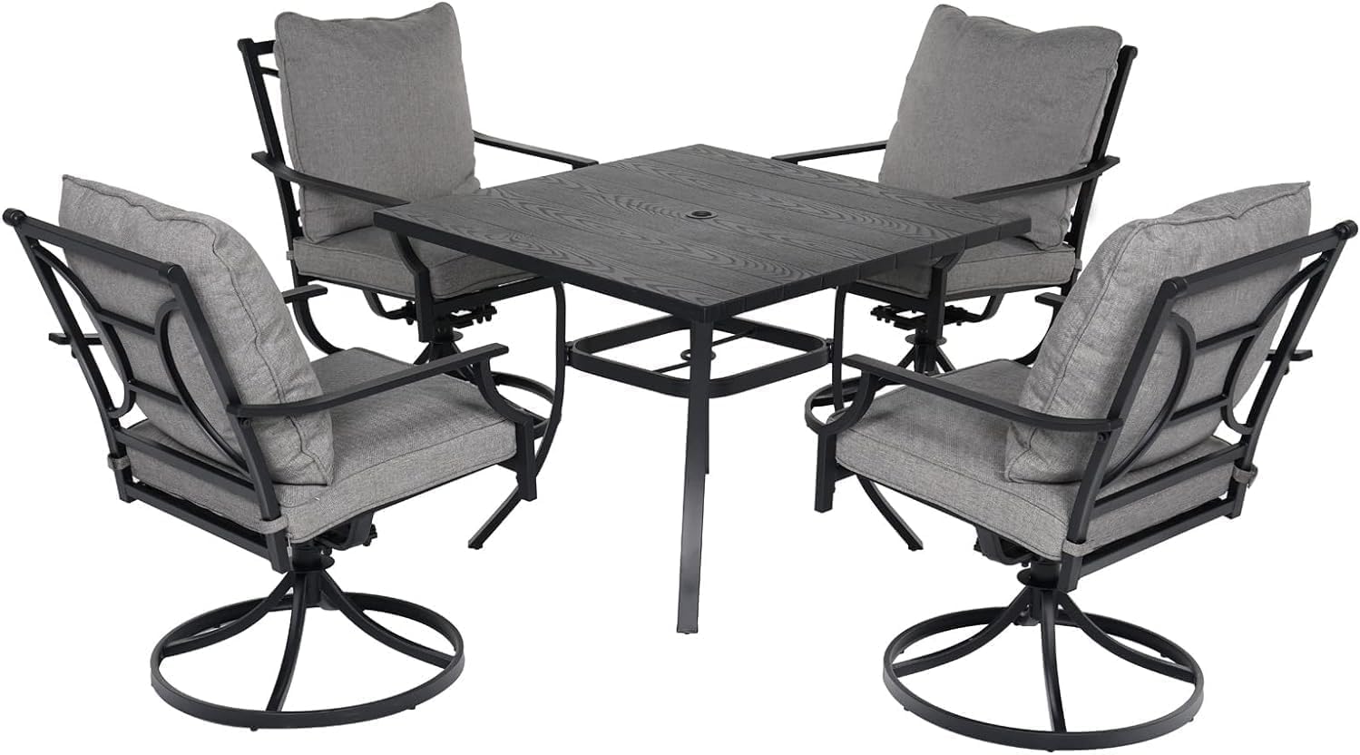 Grand patio 5-Piece Patio Dining Set for 4, E-Coated Outdoor Dining Set Swivel Patio Dining Chairs with Olefin Cushions & 1 Black Square Faux Woodgrain Dining Table with 1.5”Market Umbrella Hole